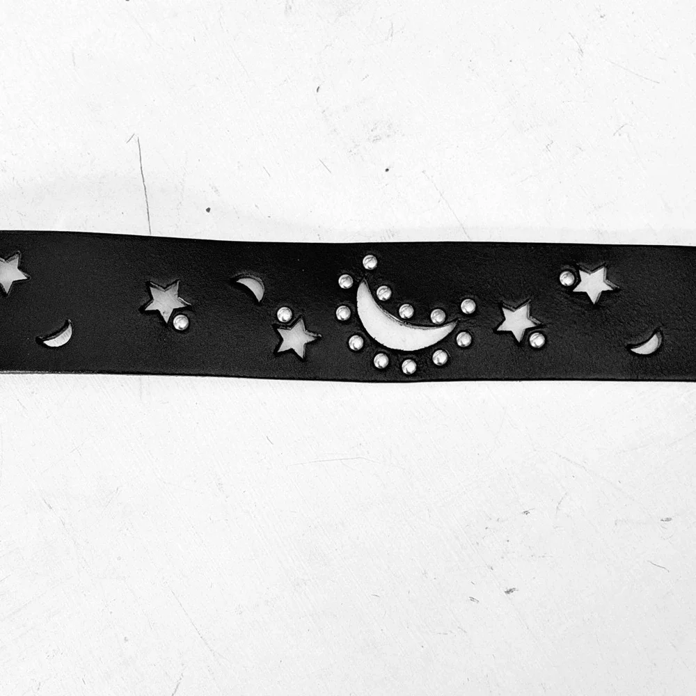 Express Vintage Black Leather‎ Celestial Moon Star Studded Belt Made in Italy S